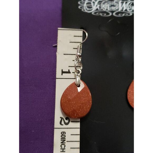Goldstone Dangle Earrings Teardrop Shape Sparkly Reddish Brown Color Silver Tone - Picture 4 of 7